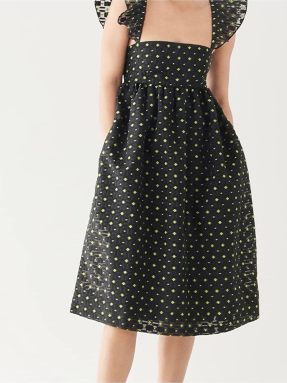 Baum Und Pferdgarten Square-Neck Black Midi Dress with Lime Dot Pattern